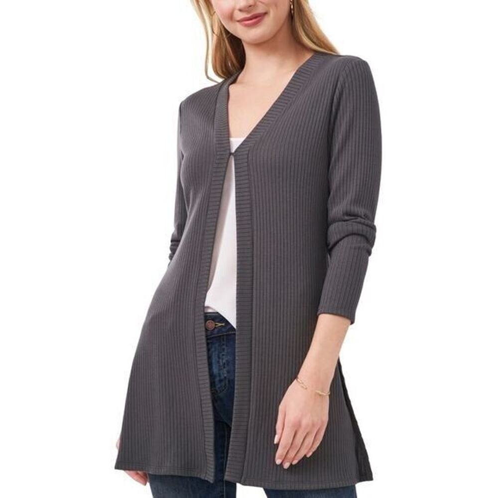 Vince Camuto Women Charcoal Rib-Knit Open-Front Mid Length Cardigan Size XL